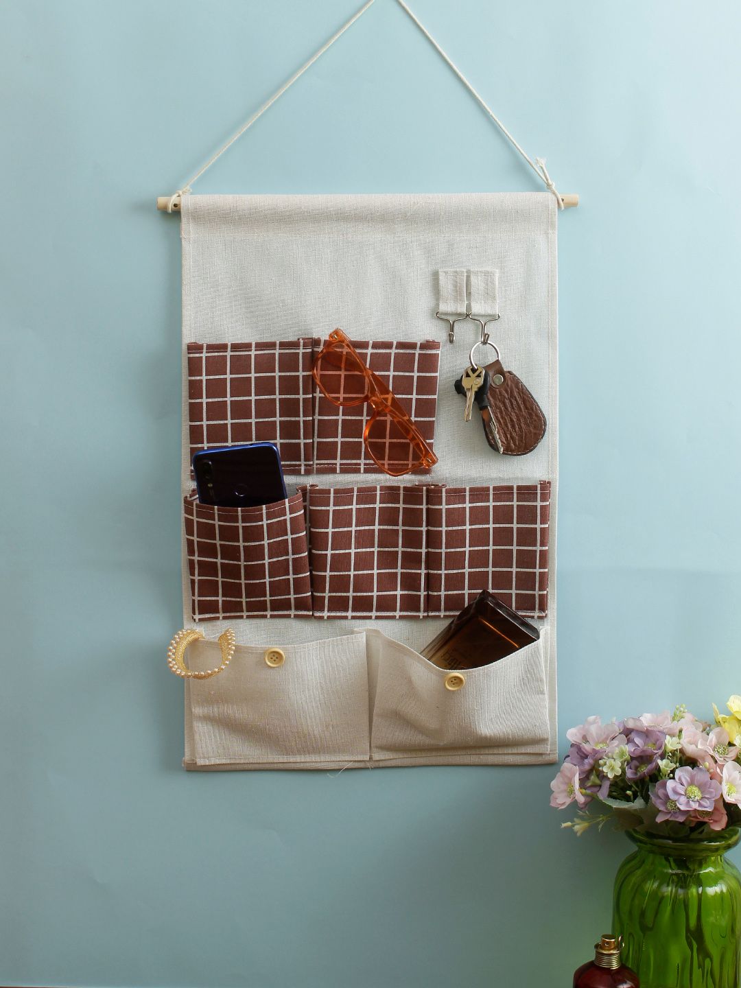 Cortina White & Brown Checked Multi-Utility Wall Hanging Organiser