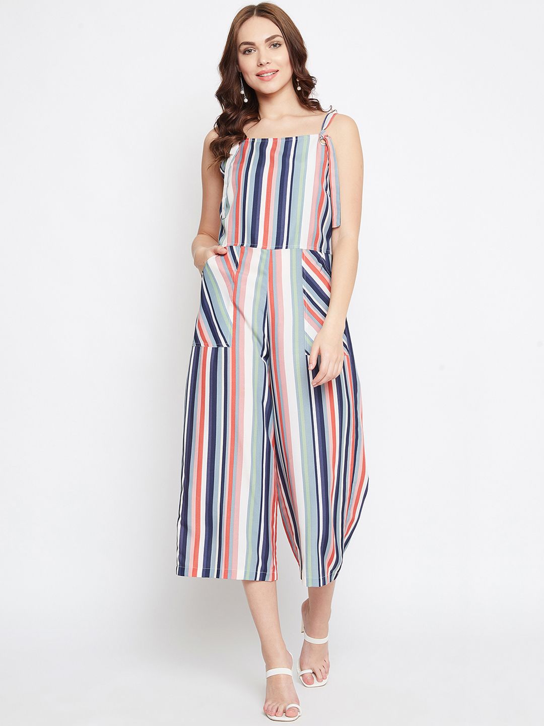 PURYS Women Navy Blue & White Striped Culotte Jumpsuit Price in India