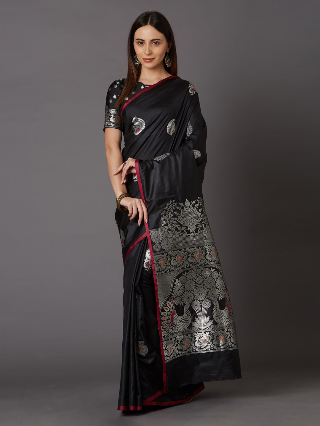 Mitera Black & Silver-Toned Silk Blend Woven Design Kanjeevaram Saree Price in India