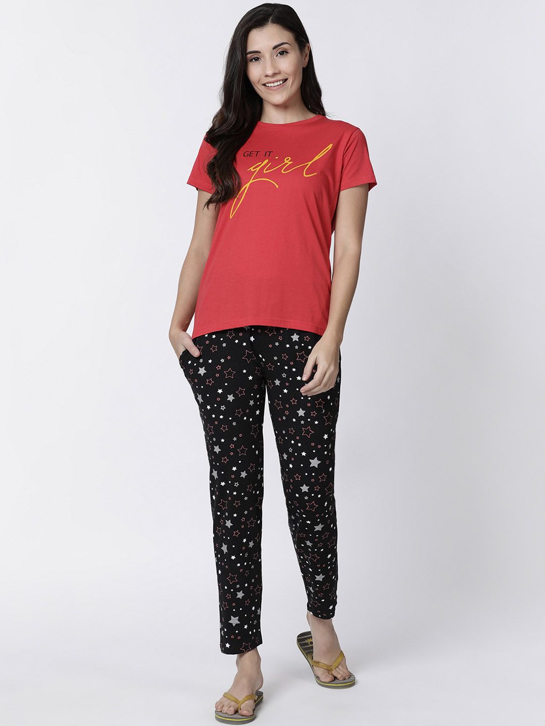 Kryptic Women Red & Black Start Print Pyjamas Set Price in India