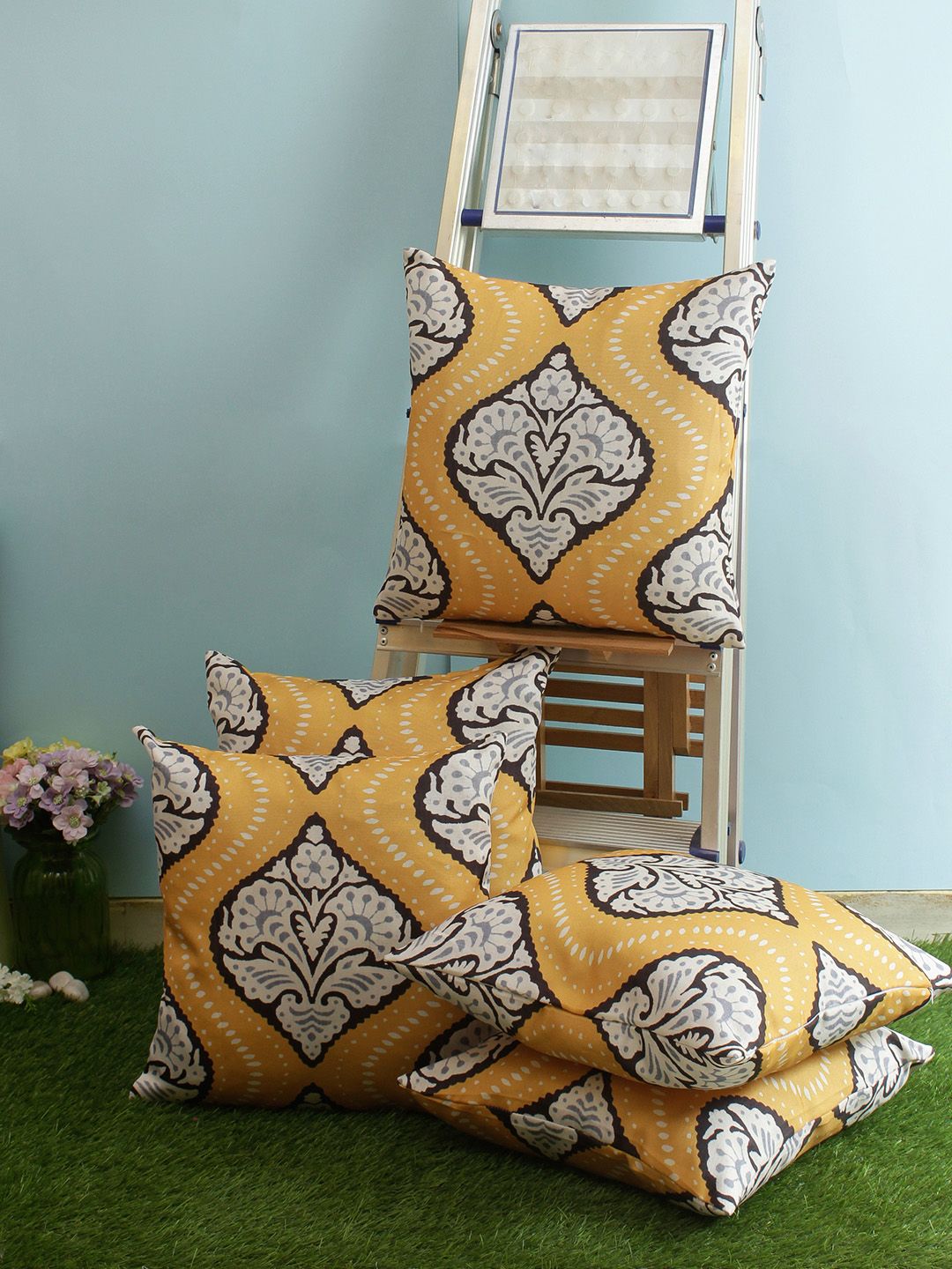 ROMEE Yellow & Off-White Set of 5 Ethnic Motifs Square Cushion Covers Price in India