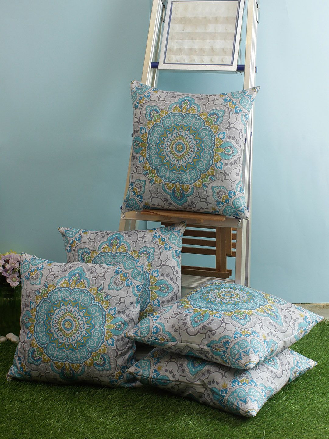 ROMEE Blue & Grey Set of 5 Ethnic Motifs Square Cushion Covers Price in India