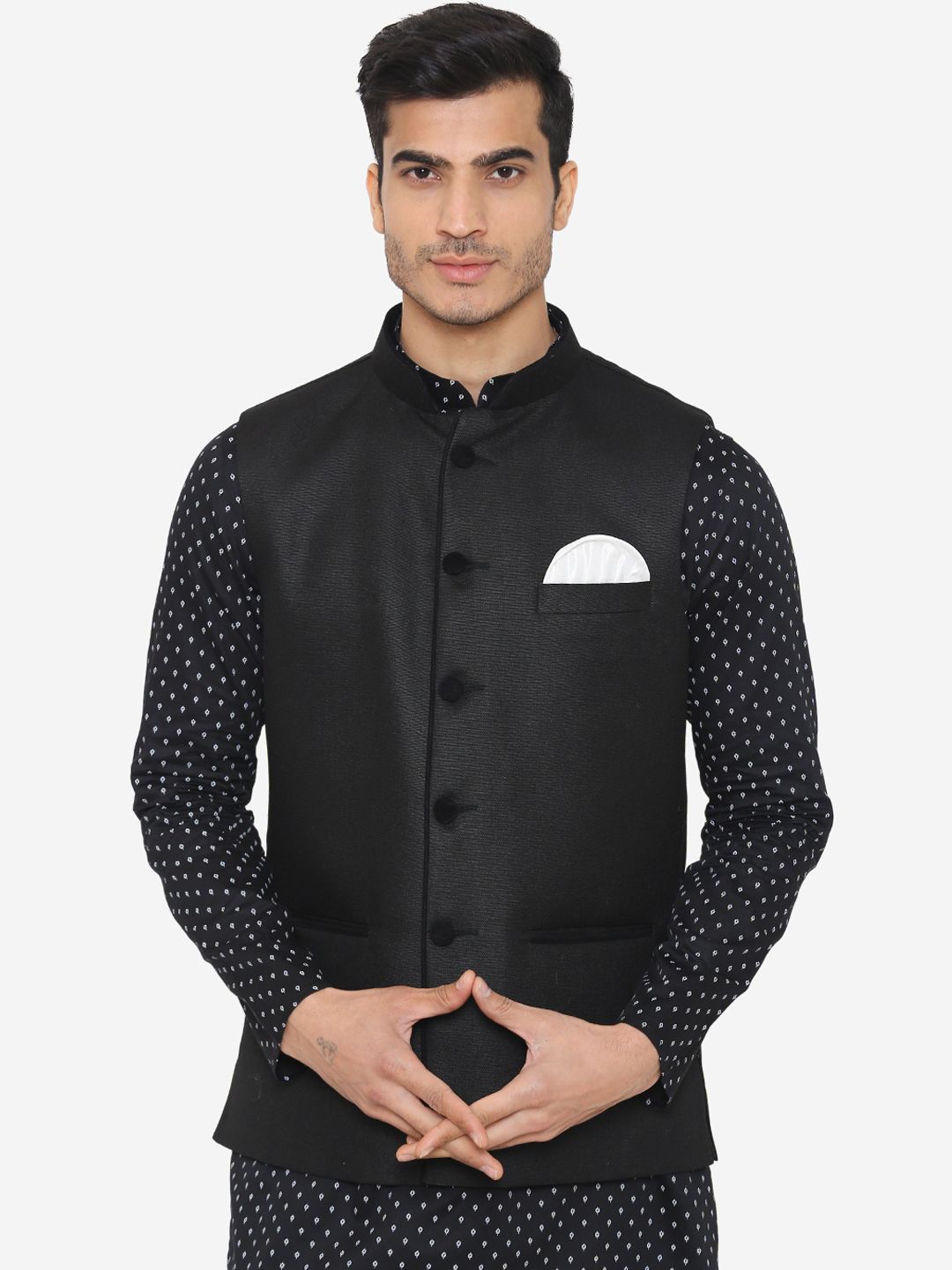 Wintage Men Black Solid Satin Nehru Jacket