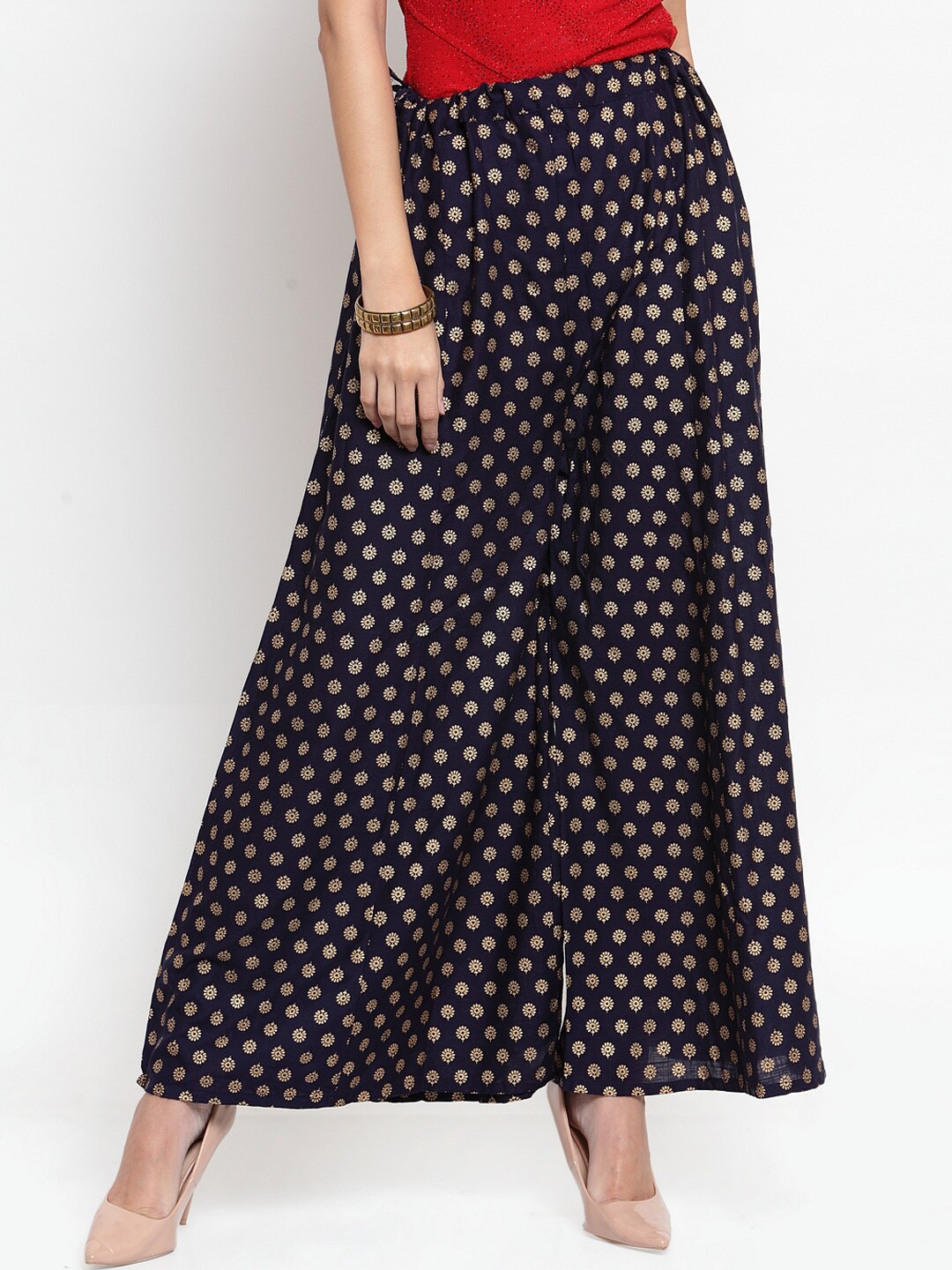 Clora Creation Women Navy Blue & Gold-Toned Printed Flared Palazzos Price in India