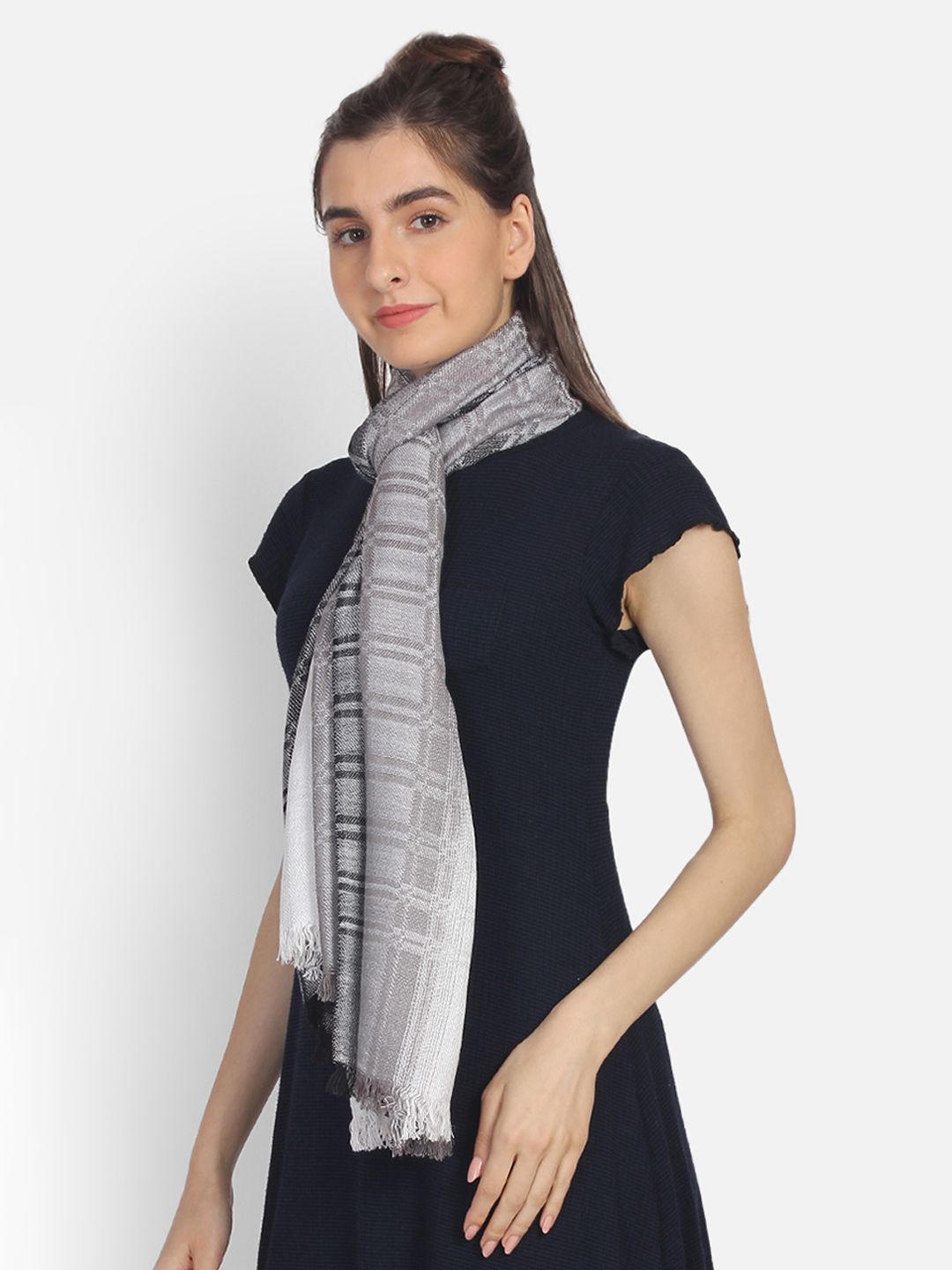 Anekaant Women Grey & White Woven Design Stole Price in India