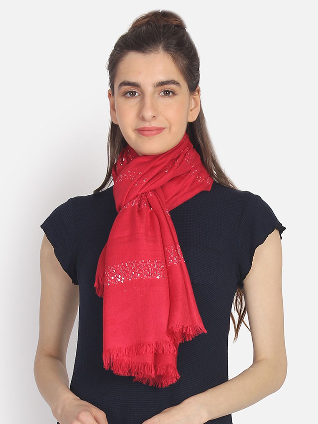 Anekaant Women Red & Silver-Toned Woven Design Stole Price in India