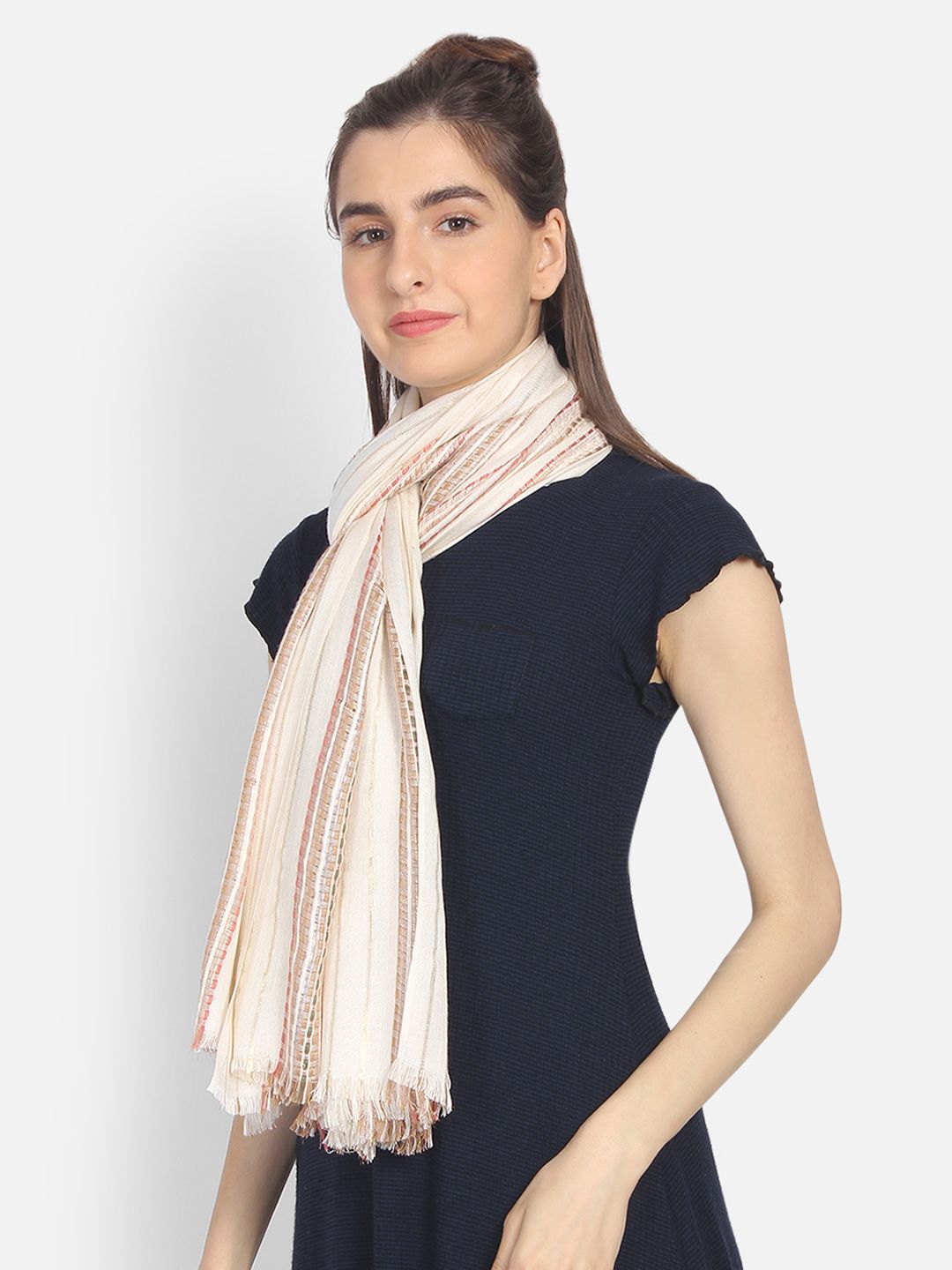 Anekaant Women Off-White & Beige Woven Design Stole Price in India