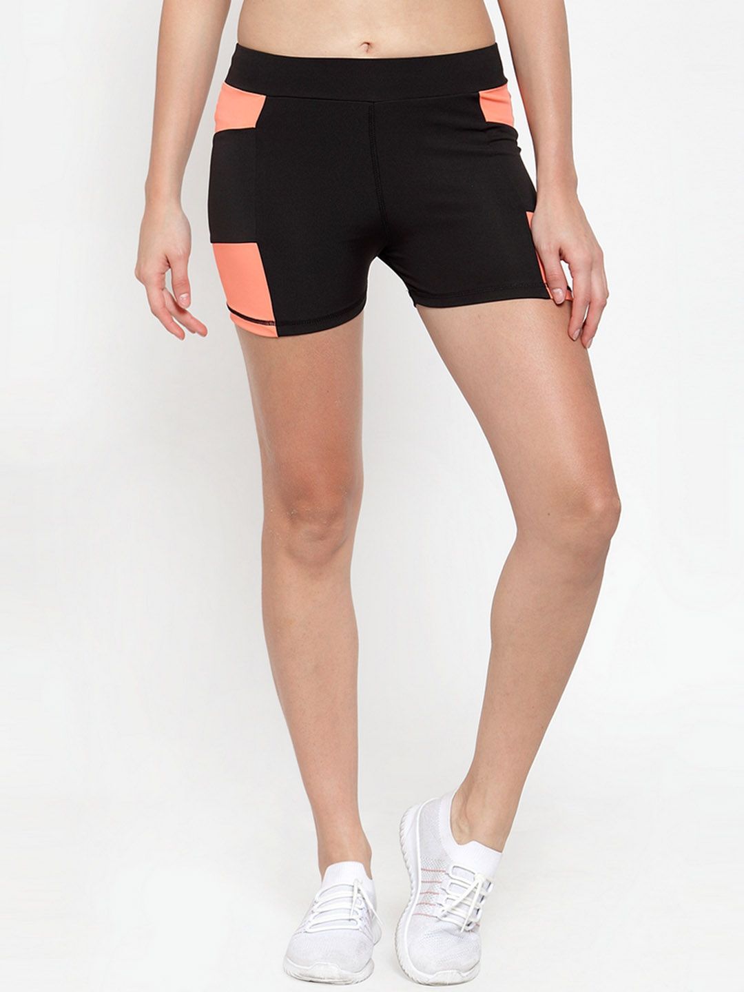 Boston Club Women Black & Orange Colourblocked Skinny Fit Sports Shorts Price in India
