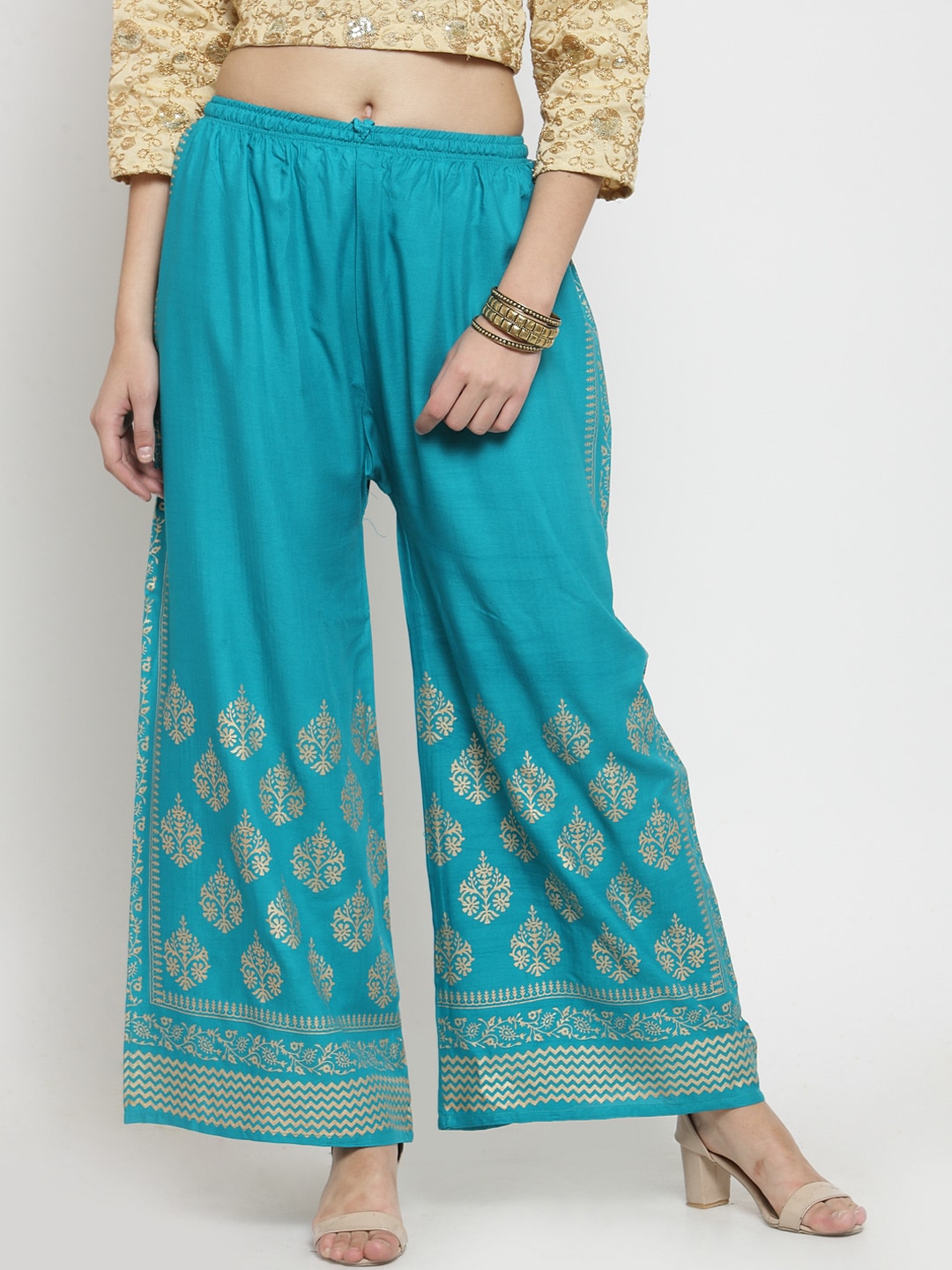 Clora Creation Women Turquoise Blue & Gold-Coloured Printed Straight Palazzos Price in India
