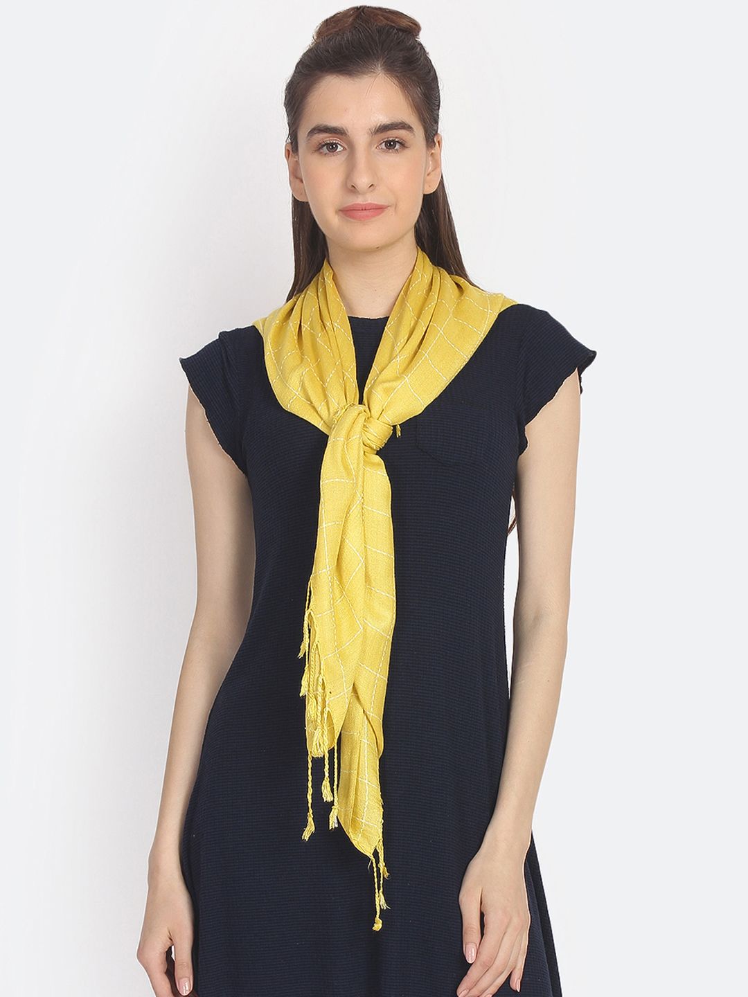 Anekaant Women Yellow & White Checked Scarf Price in India