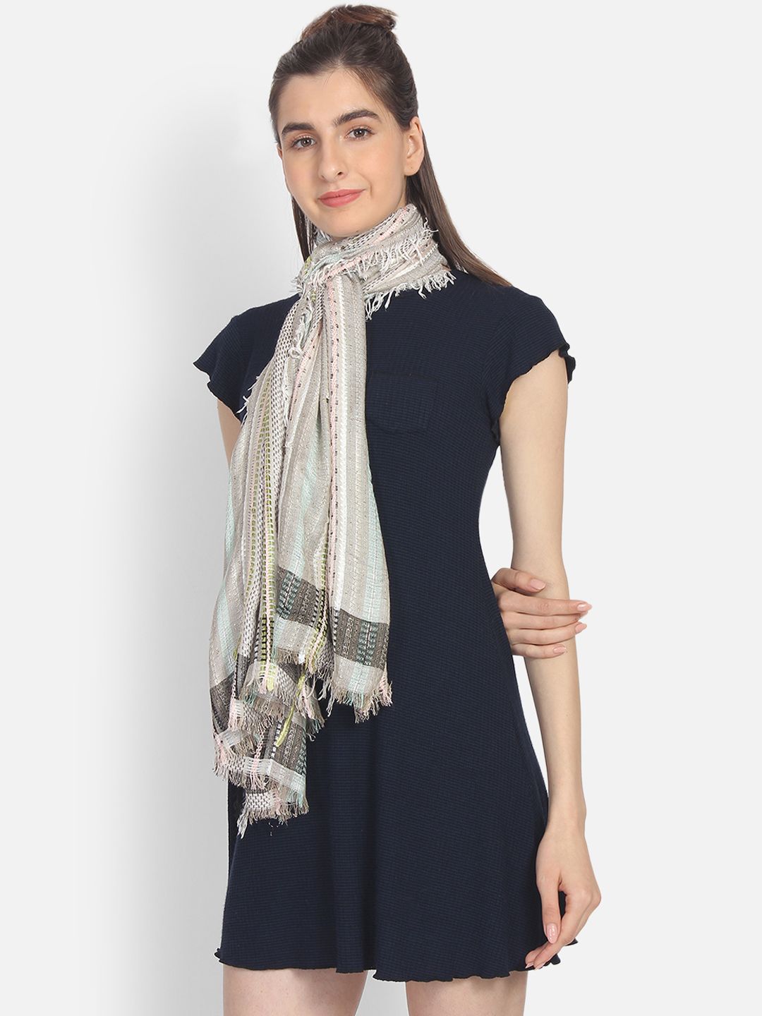 Anekaant Women Grey & Off-White Woven Design Stole Price in India