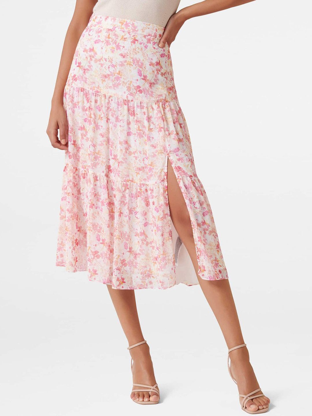 Forever New Women White & Pink Printed Midi Skirt