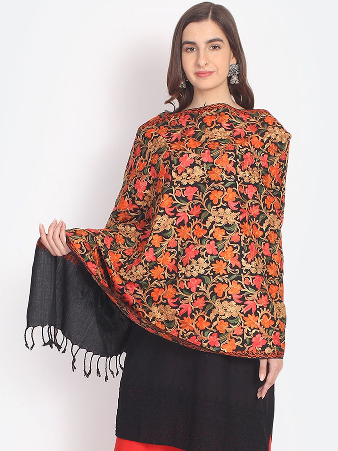 Anekaant Women Black & Orange Embroidered Woolen Shawl Price in India