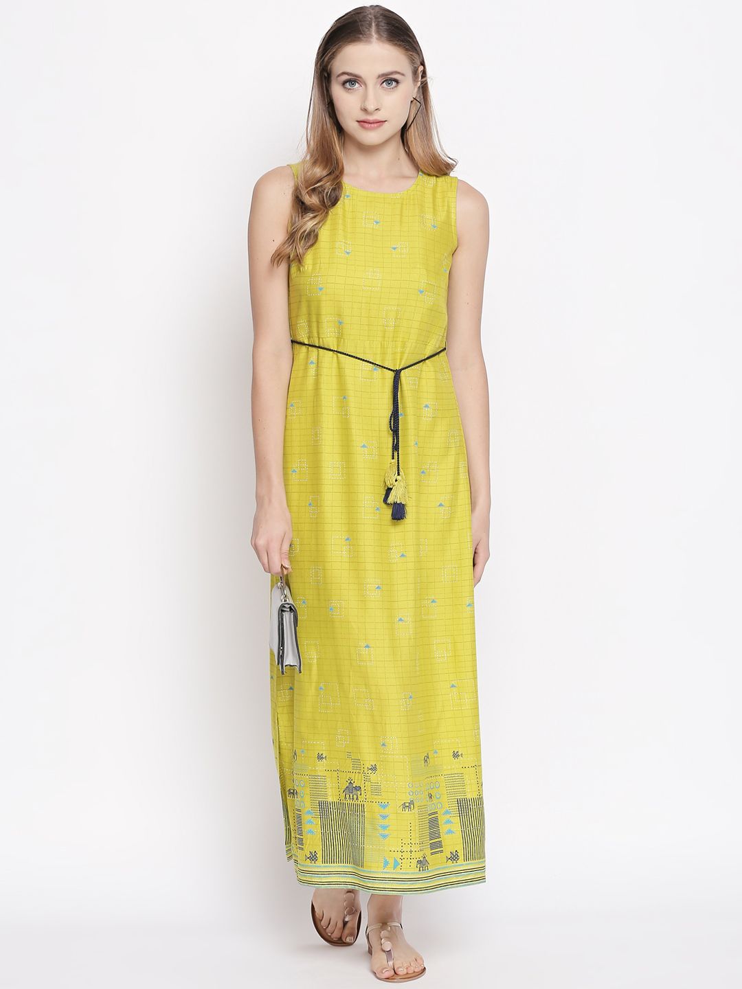 AKKRITI BY PANTALOONS Women Lime Green Checked Fit and Flare Dress Price in India