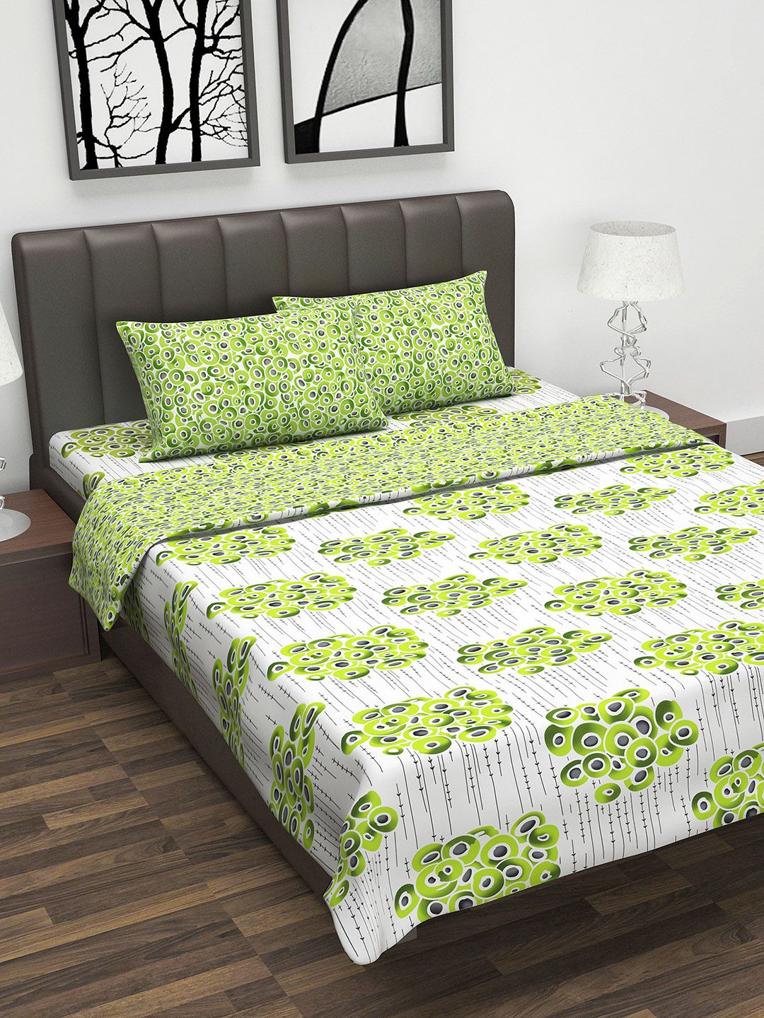 Divine Casa White & Green Printed Double Bedding Set With Double Bed Dohar Price in India