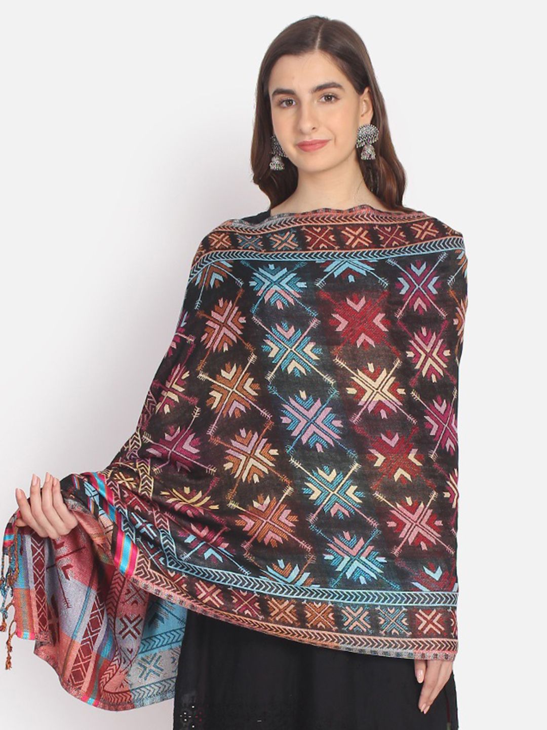 Anekaant Women Black & Blue Geometric Woven Design Reversible Shawl Price in India