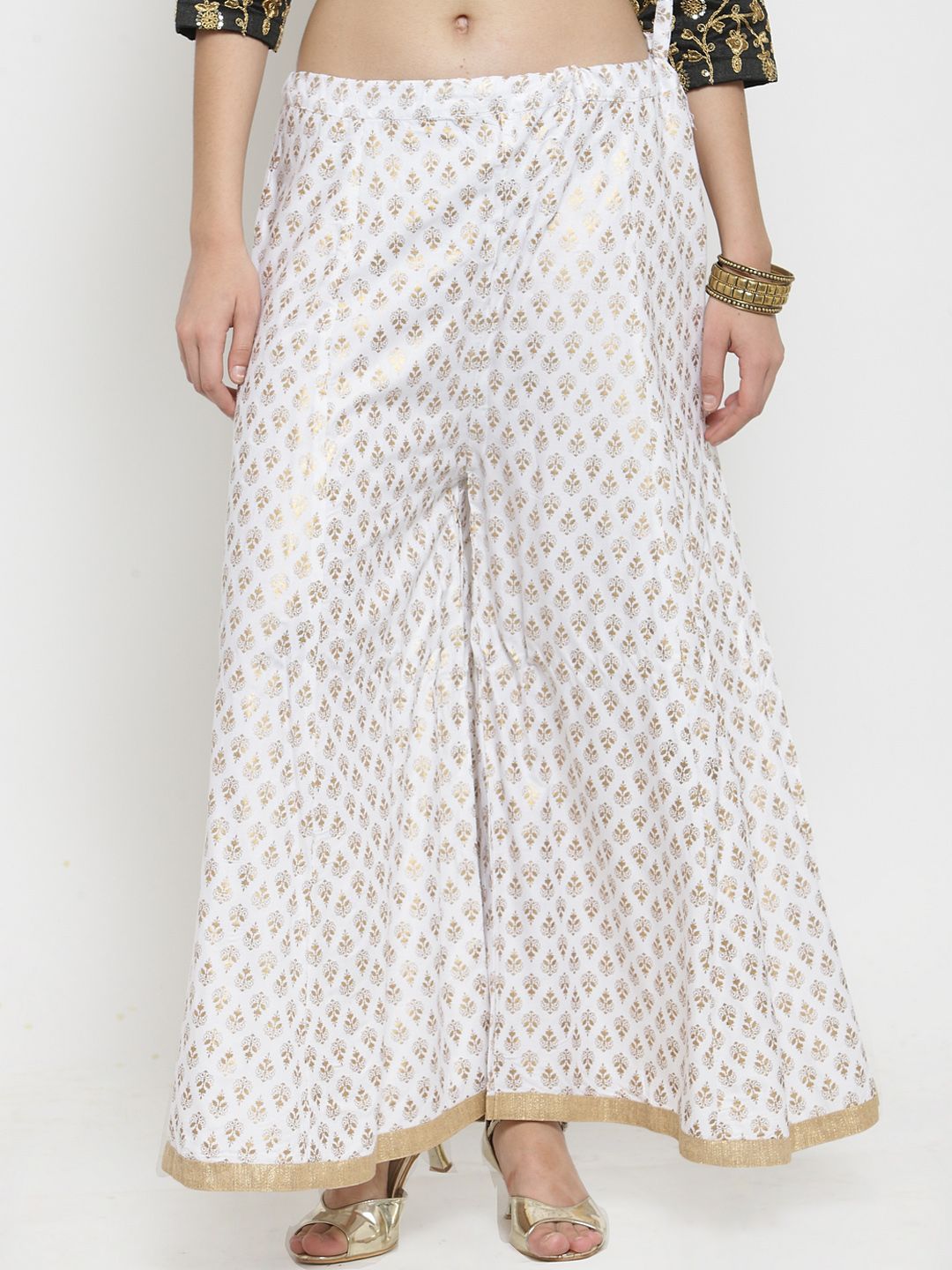 Clora Creation Women White & Gold-Coloured Printed Flared Palazzos Price in India