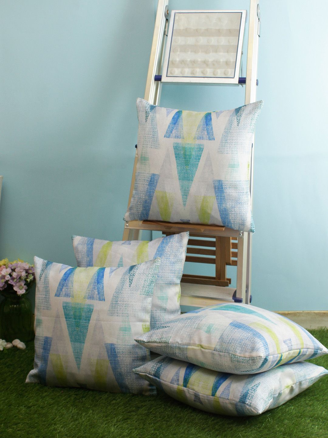 ROMEE Off-White & Blue Set of 5 Geometric Square Cushion Covers Price in India