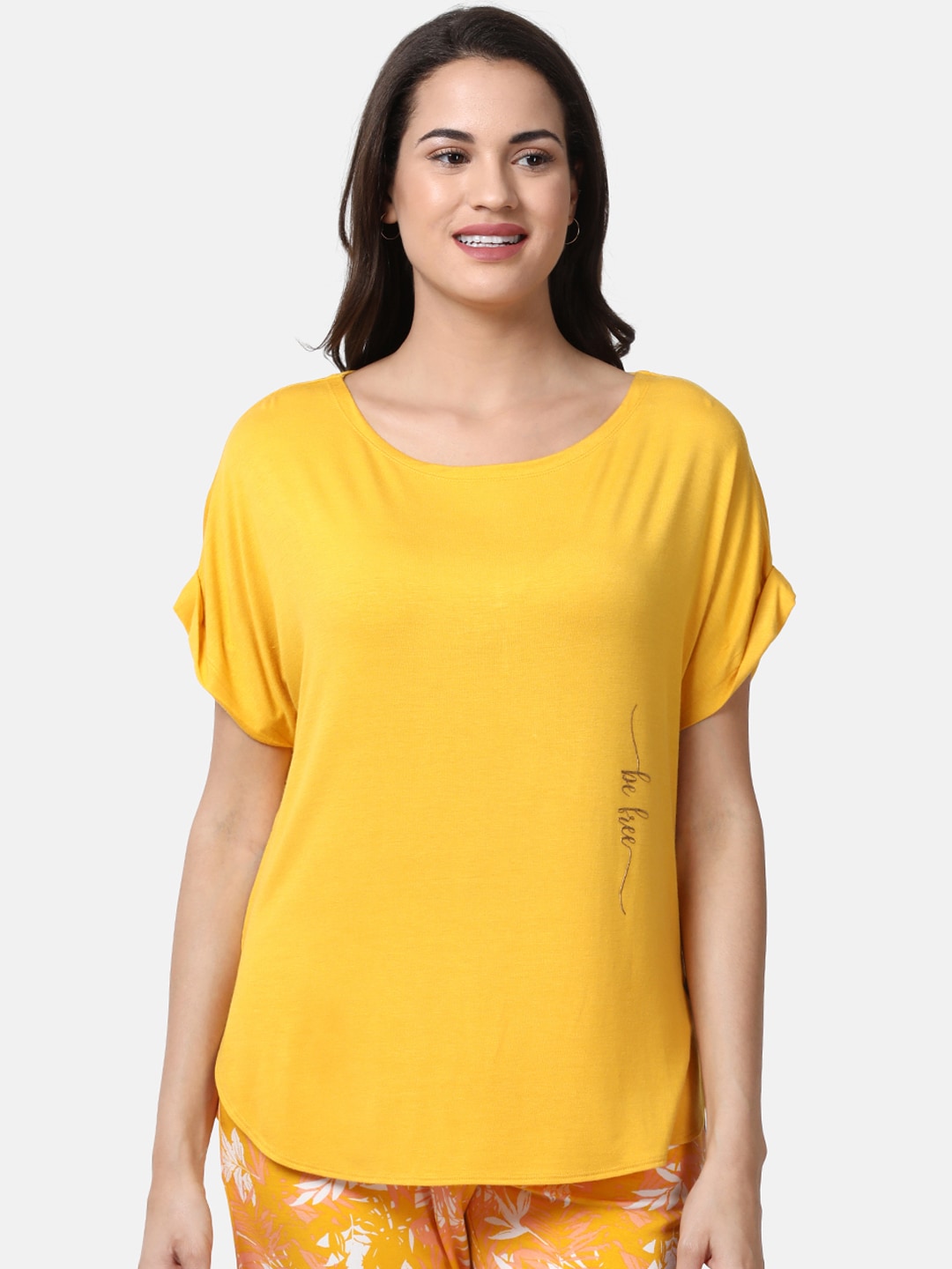 Enamor Women Yellow Solid Relaxed Fit Comfy Lounge T-Shirt Price in India