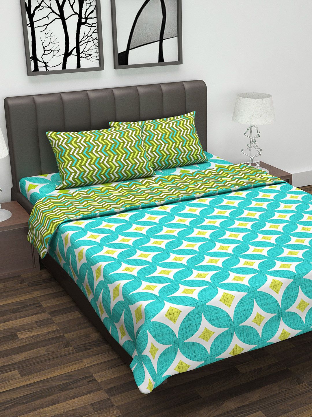 Divine Casa Sea Green & Green Printed Double Bedding Set With Double Bed Dohar Price in India