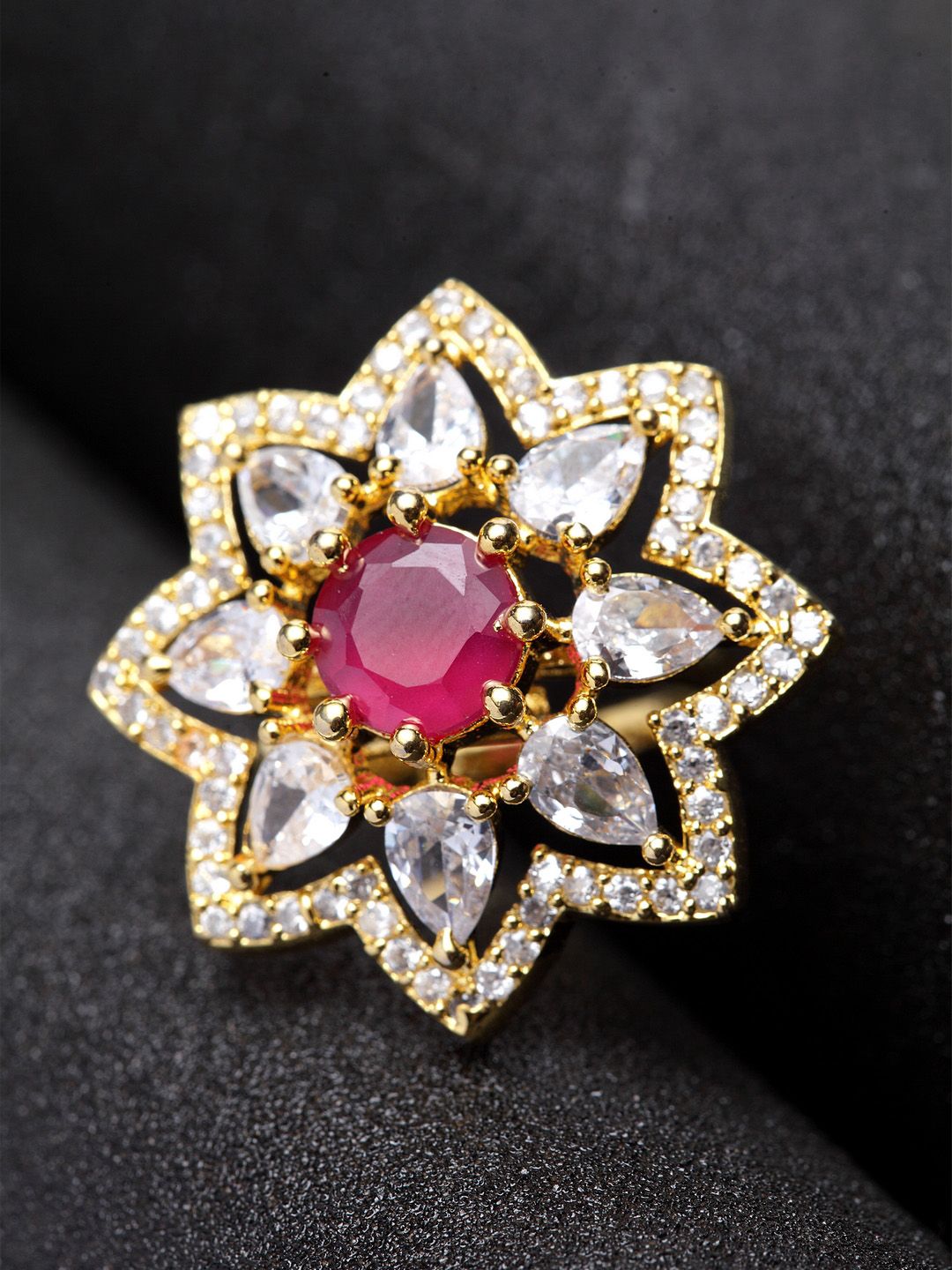 Bhana Fashion Gold-Plated & Magenta AD-Studded Handcrafted Finger Ring Price in India