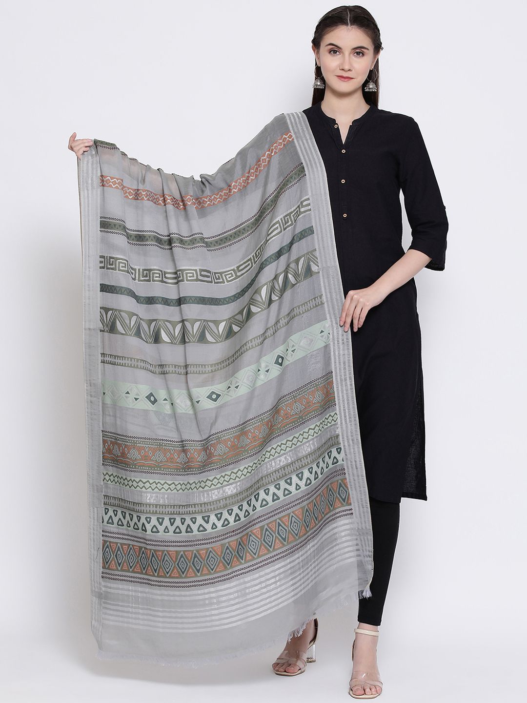 SHINGORA Grey & Green Printed Antimicrobial Dupatta Price in India