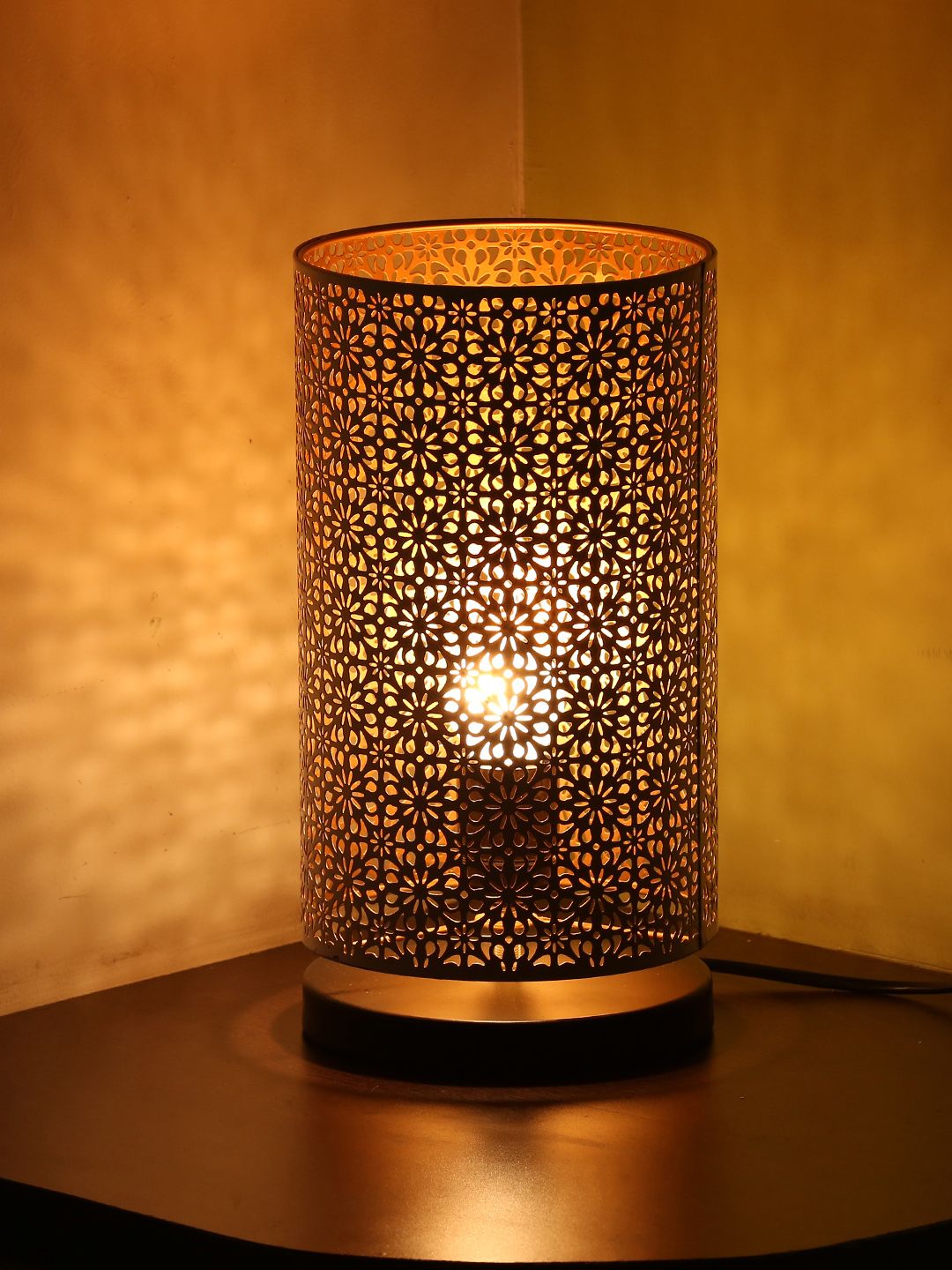 ExclusiveLane White Self Design Handcrafted Moroccan Shimmer Bedside Table Lamp Price in India