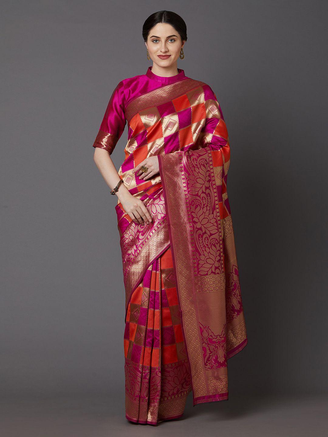 Mitera Pink & Golden Silk Blend Woven Design Banarasi Saree Price in India