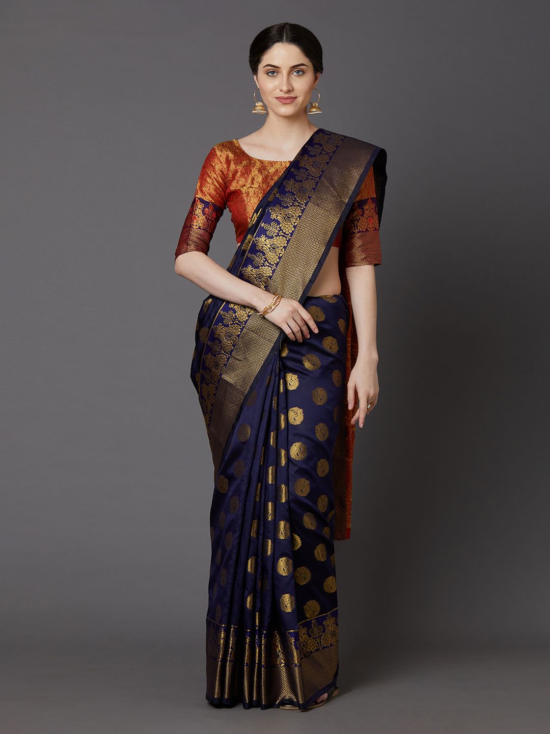 Mitera Navy Blue & Gold-Coloured Silk Blend Woven Design Banarasi Saree Price in India
