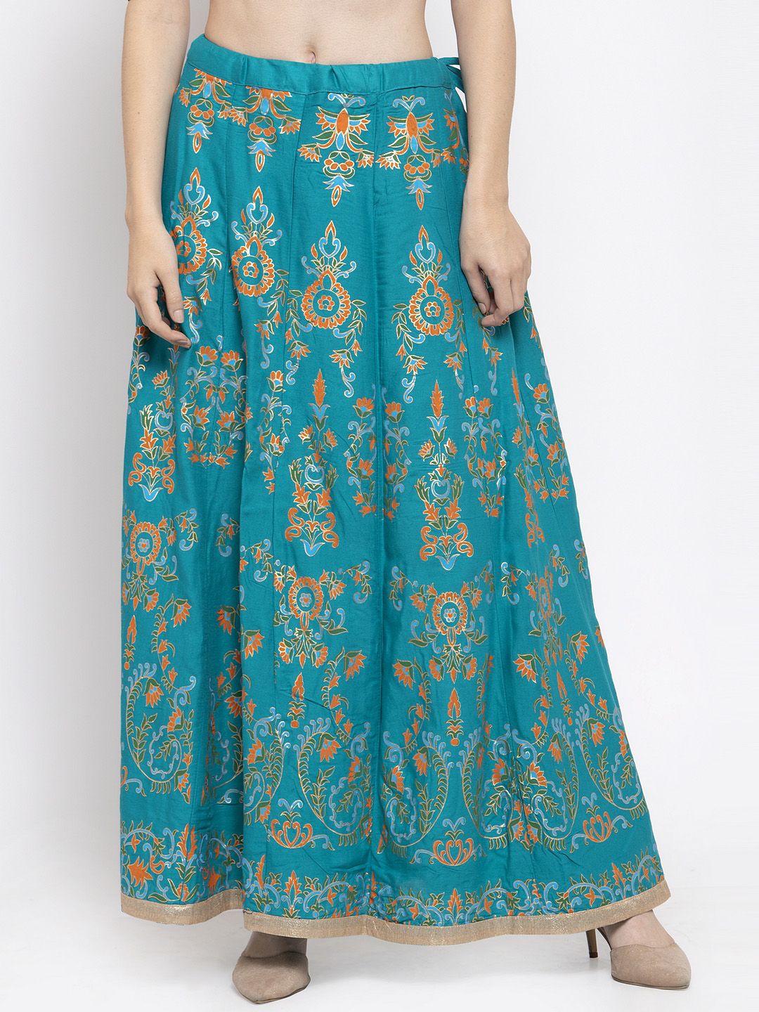 Clora Creation Women Turquoise Blue & Orange Printed Flared Maxi Skirt