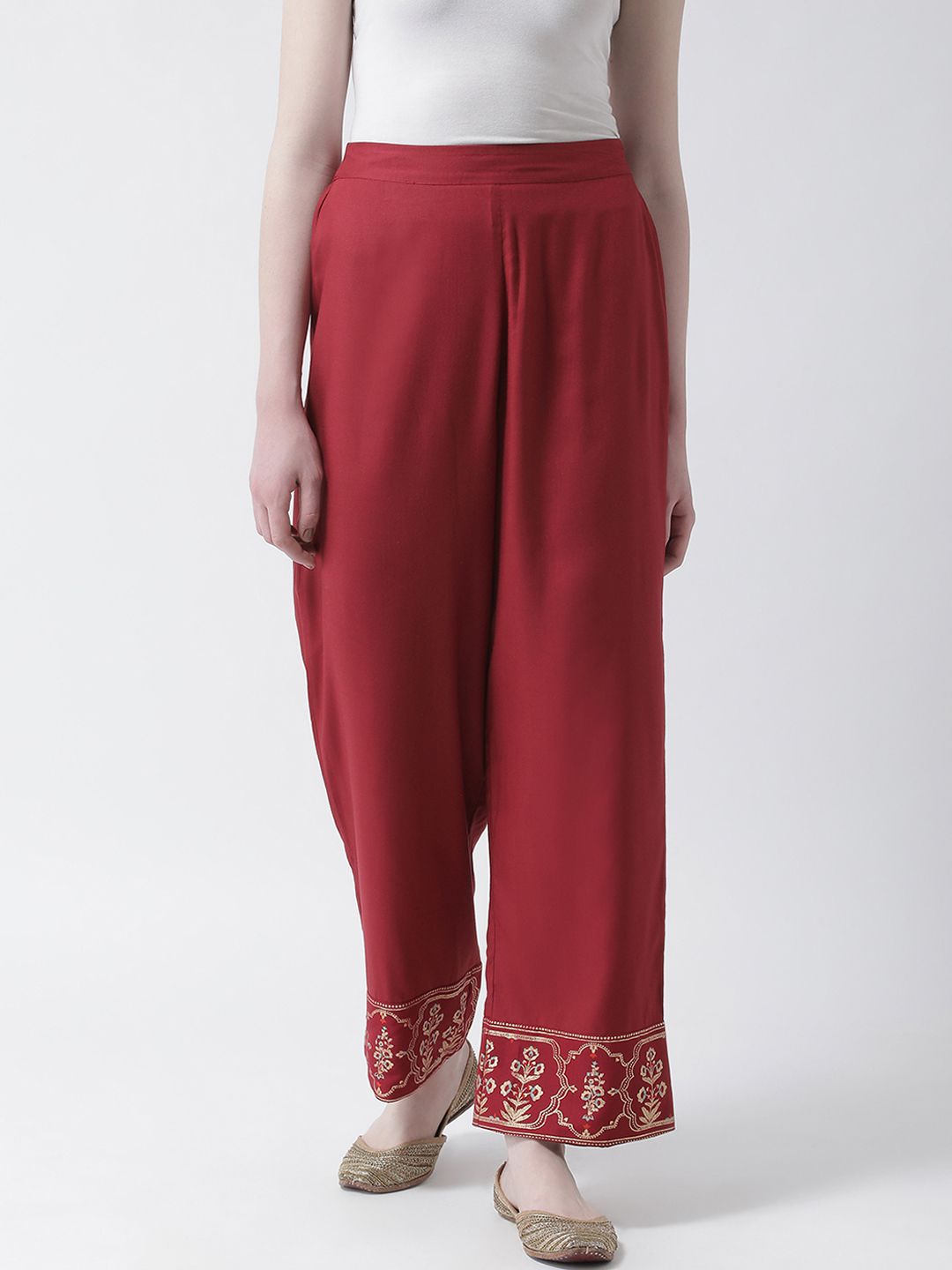 Aayna Women Maroon & Gold-Toned Regular Fit Solid Parallel Trousers Price in India