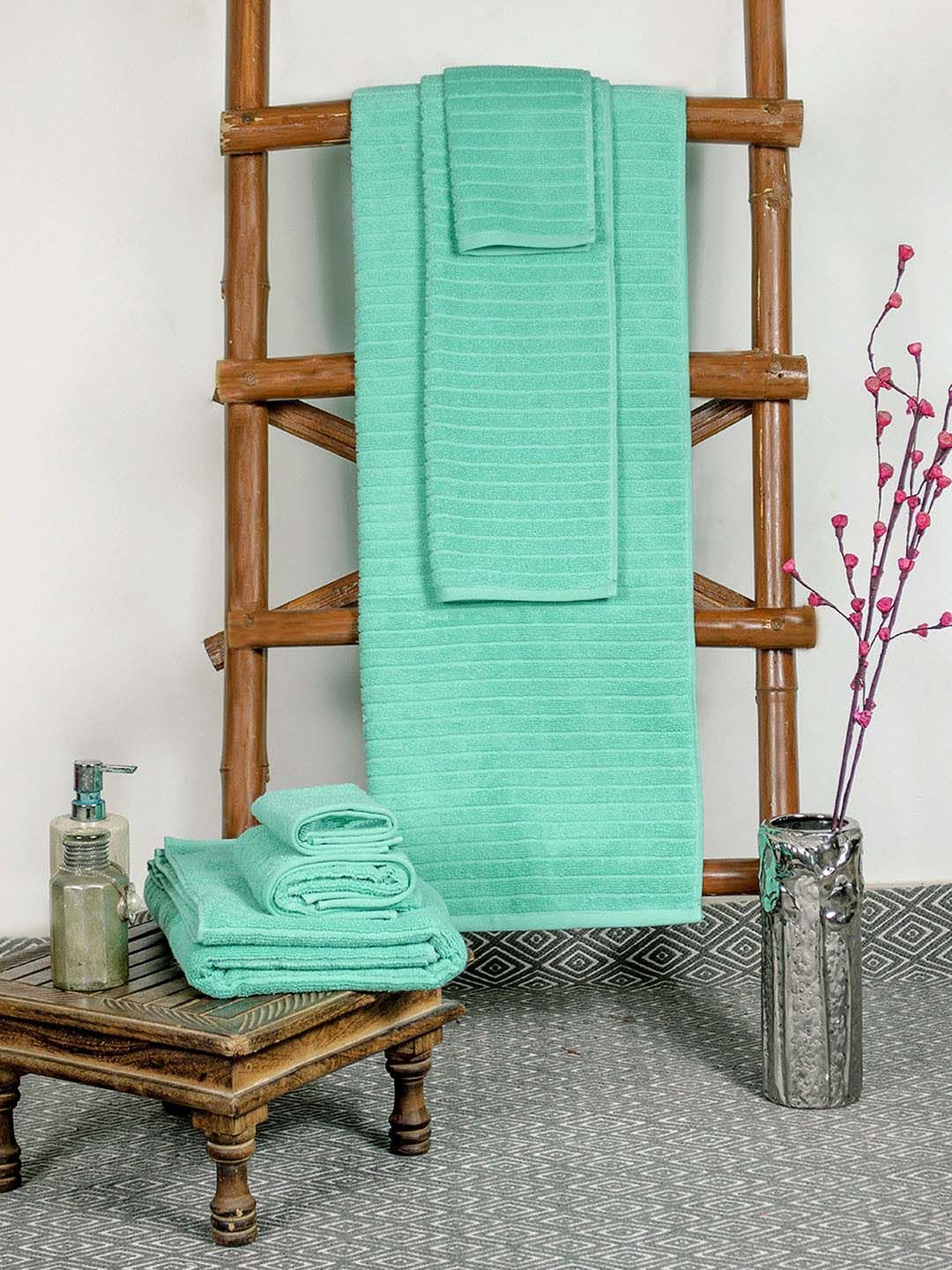 Avira Home Unisex Set of 6 Green Striped Zero Twist Ribbed 400 GSM Towels Price in India