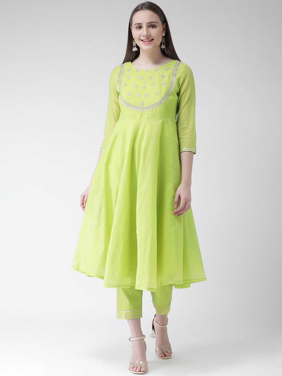 Aayna Women Green Embroidered A-Line Kurta Price in India