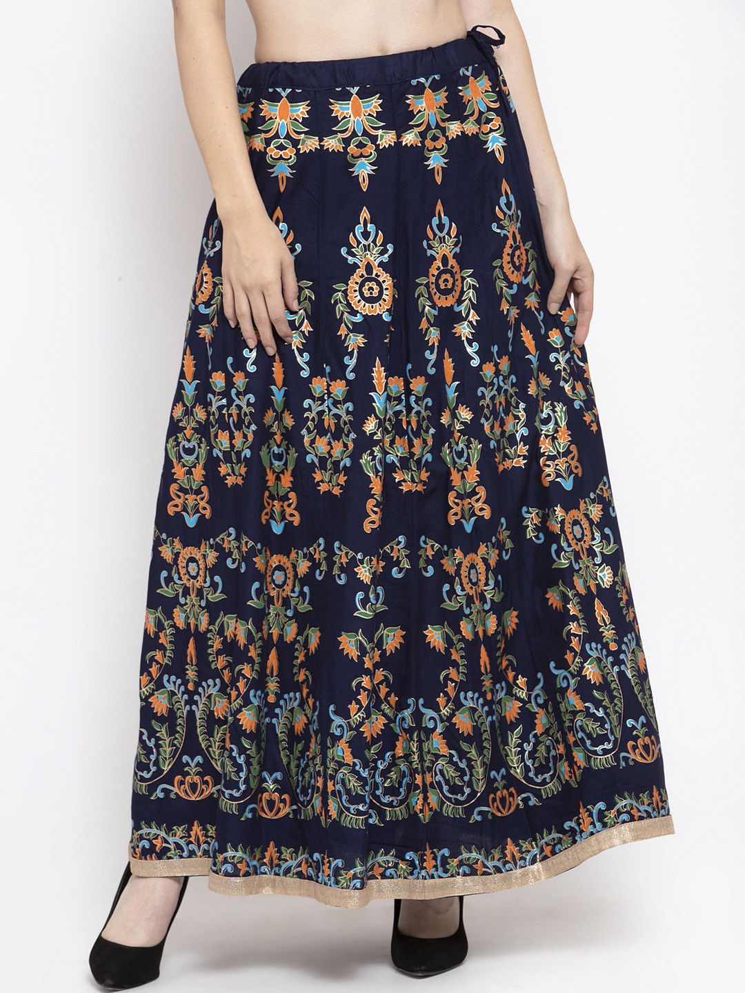 Clora Creation Women Navy Blue & Orange Floral Printed Flared Maxi Skirt