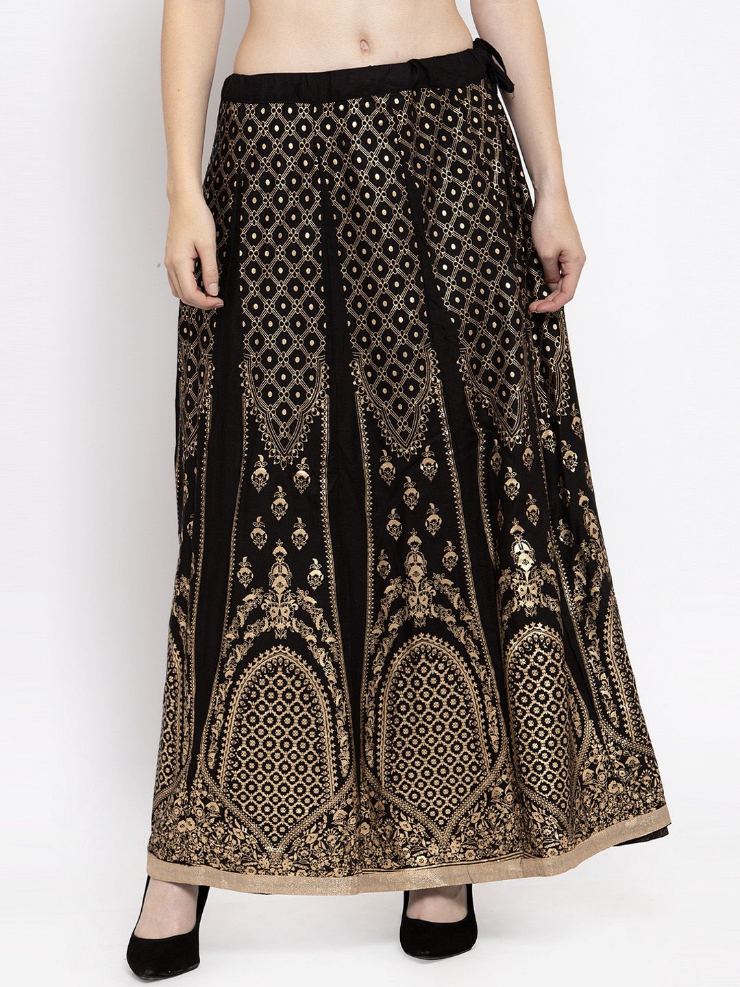 Clora Creation Women Black & Gold-Toned Printed Flared Maxi Skirt