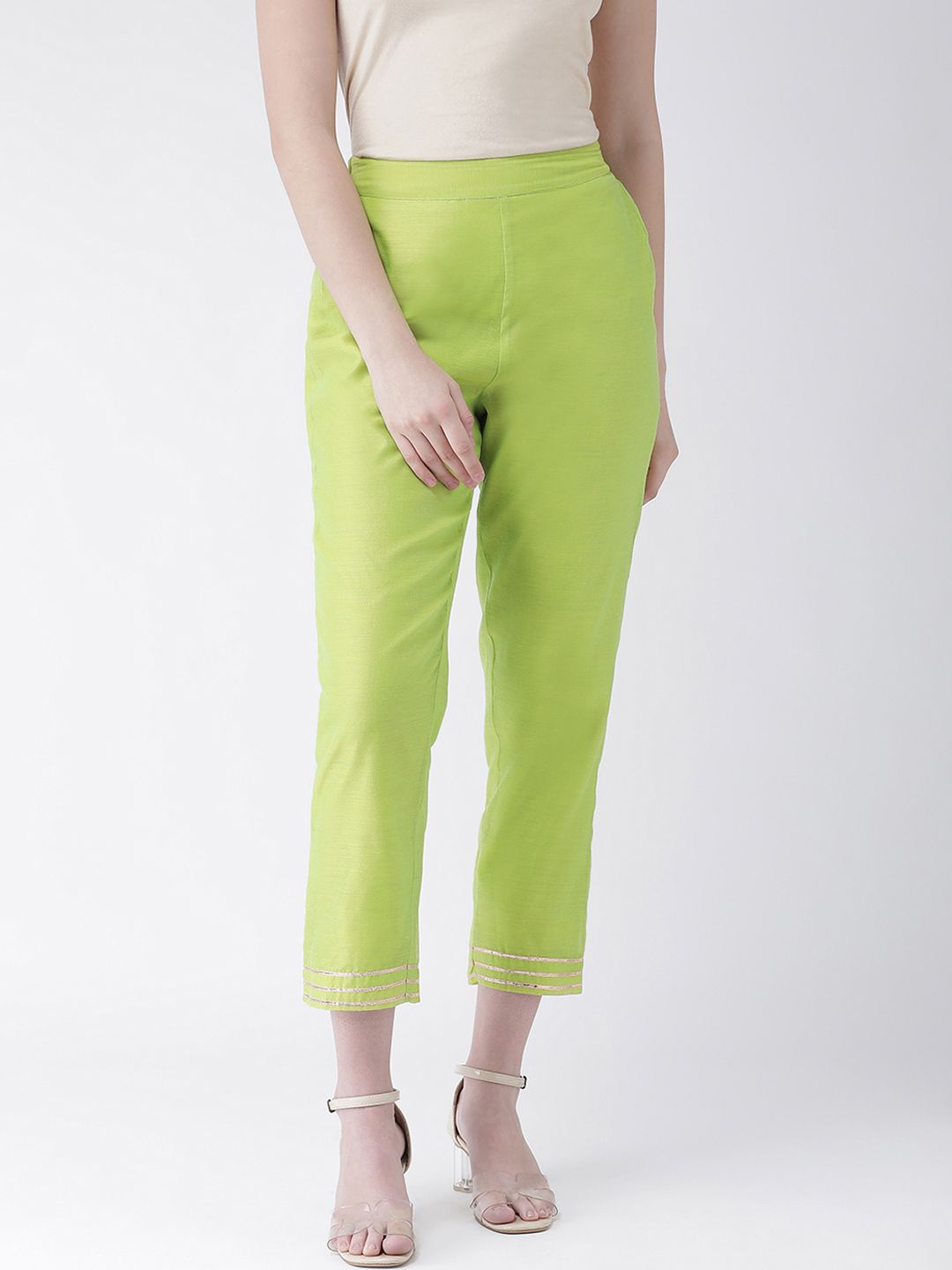 Aayna Women Green Regular Fit Solid Cigarette Trousers Price in India