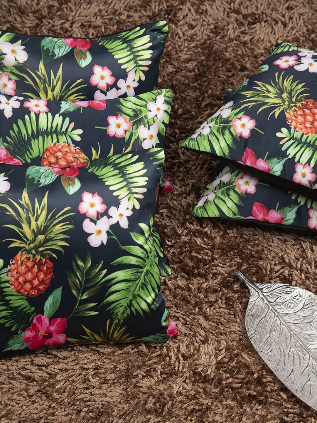 HOUZZCODE Green & Red Set of 5 Floral Square Cushion Covers Price in India