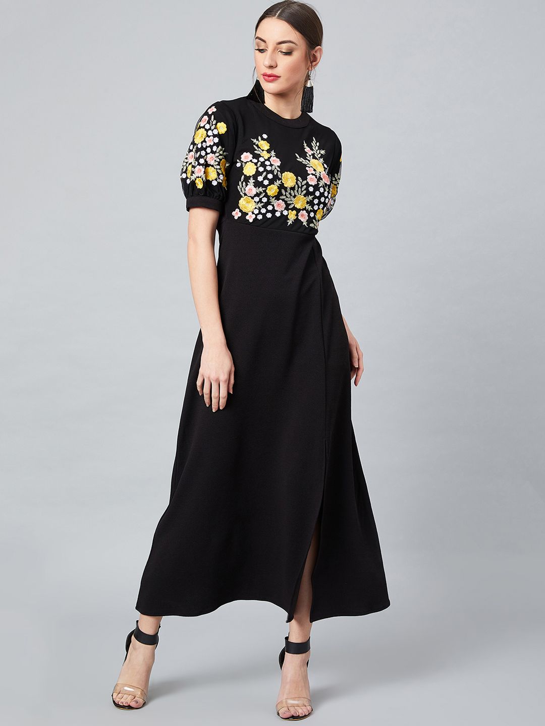 Athena Black 100% PolyesterEmbroidered Fit and Flare Dress Price in India
