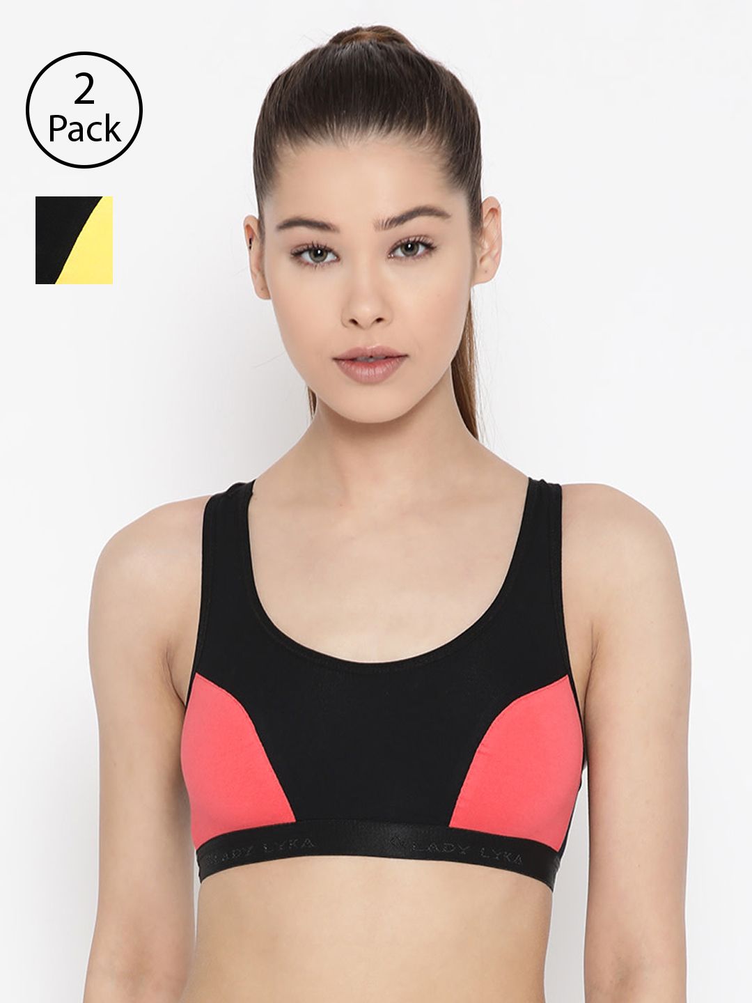 Lady Lyka Pack of 2 Colourblocked Non-Wired Non Padded Sports Bras ROSES-PLM-YLW Price in India