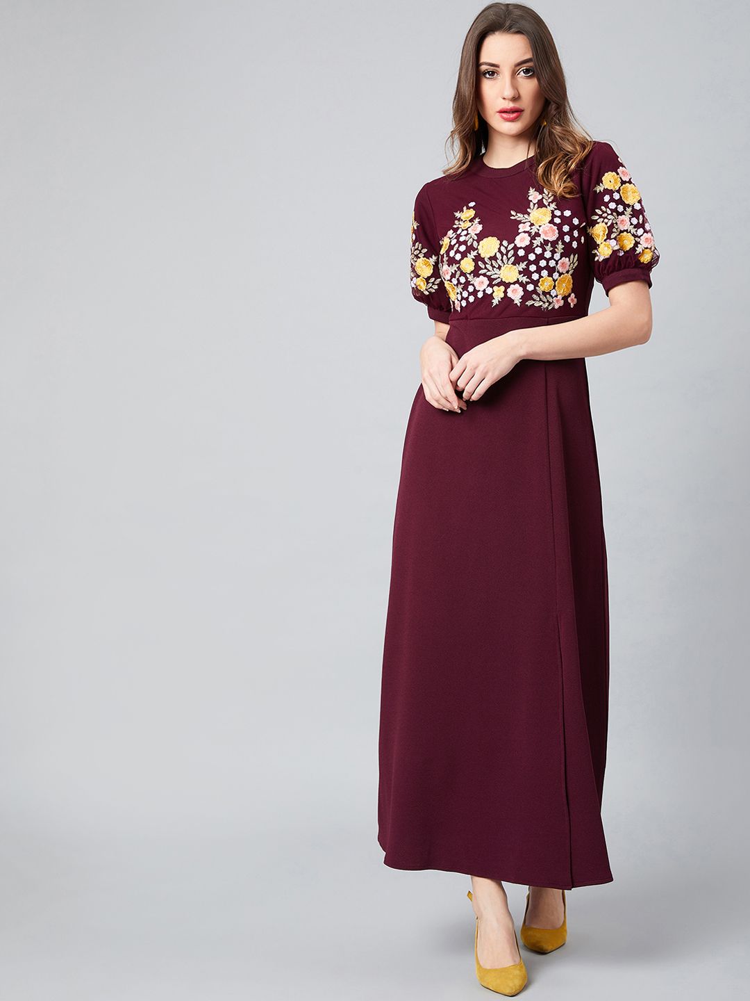 Athena Maroon & Yellow Embroidered Maxi Dress Price in India