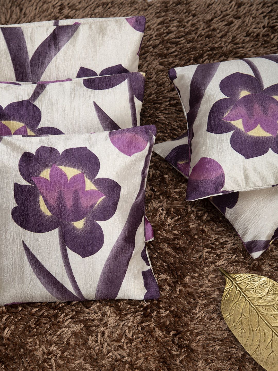 HOUZZCODE Off-White & Purple Set of 5 Floral Square Cushion Covers Price in India