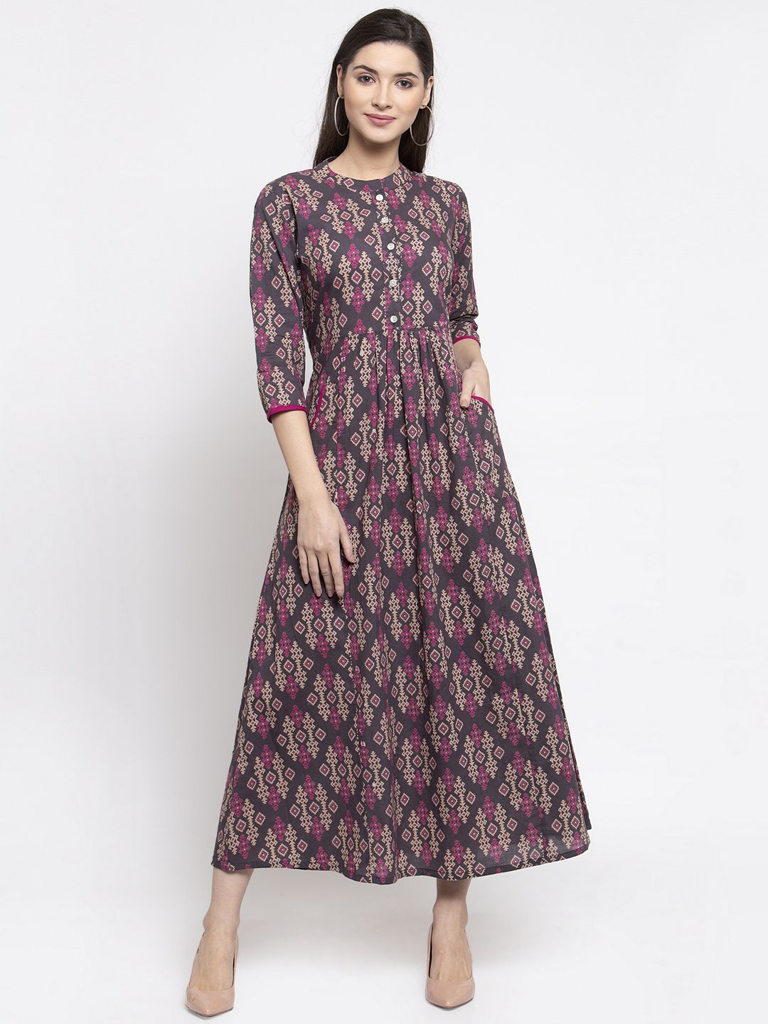 Indibelle Women Charcoal Grey & Beige Printed Fit and Flare Dress Price in India