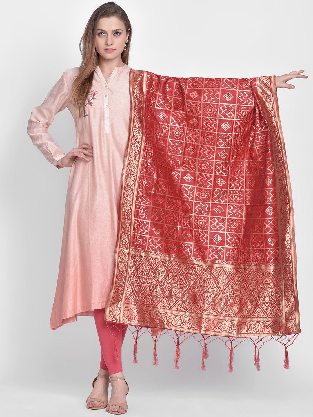 Dupatta Bazaar Red & Gold-Coloured Woven Design Banarasi Silk Dupatta