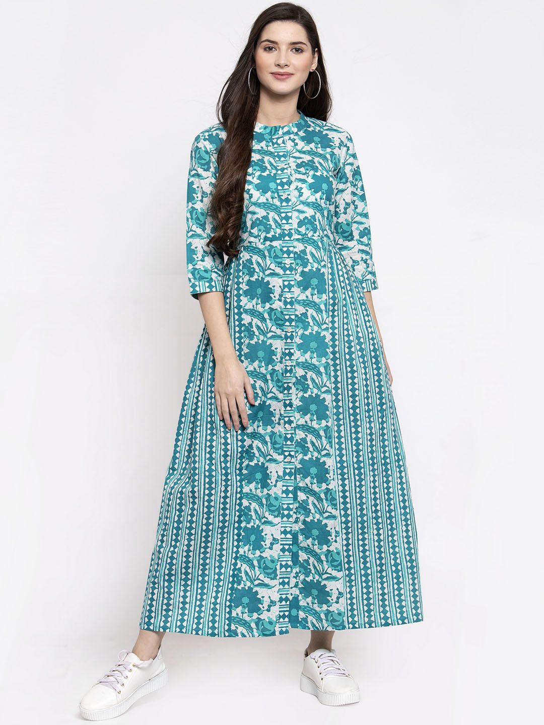 Indibelle Women Turquoise Blue & White Printed Fit and Flare Dress Price in India