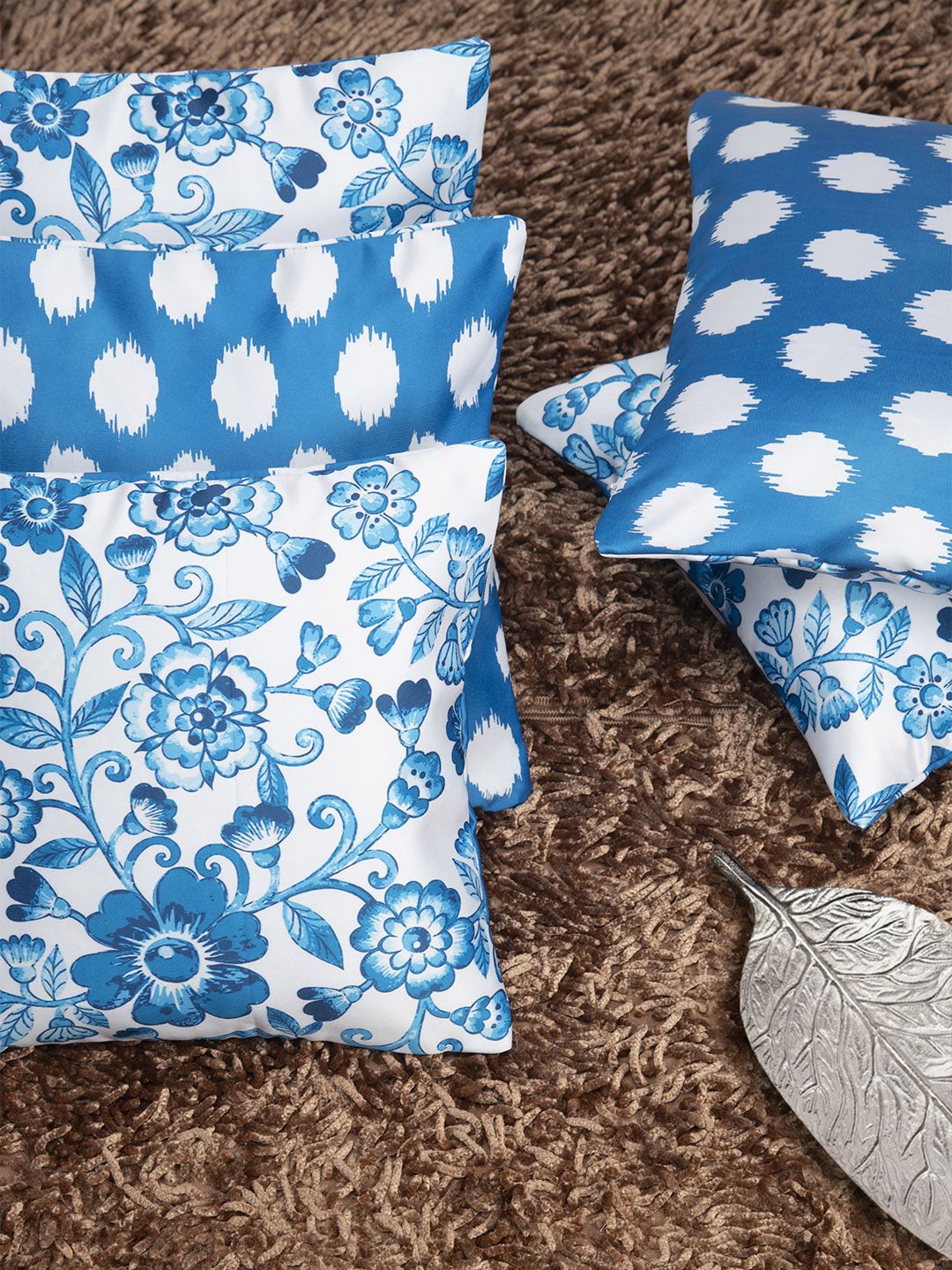 HOUZZCODE Blue & White Set of 5 Floral Square Cushion Covers Price in India