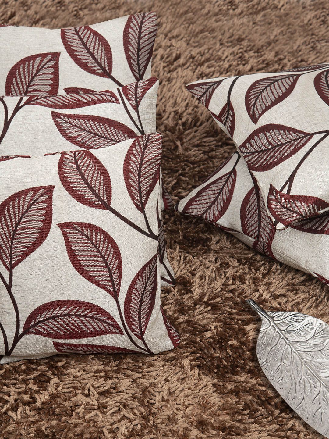HOUZZCODE Maroon Set of 5 Floral Square Cushion Covers Price in India