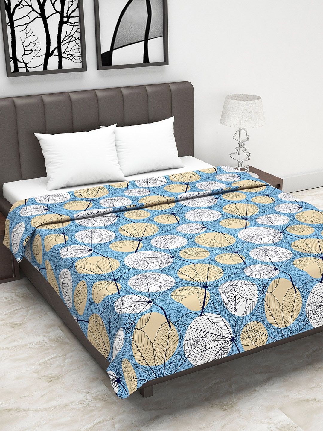 Divine Casa Blue & Khaki Floral AC Room 110 GSM Double Bed Dohar Price in India