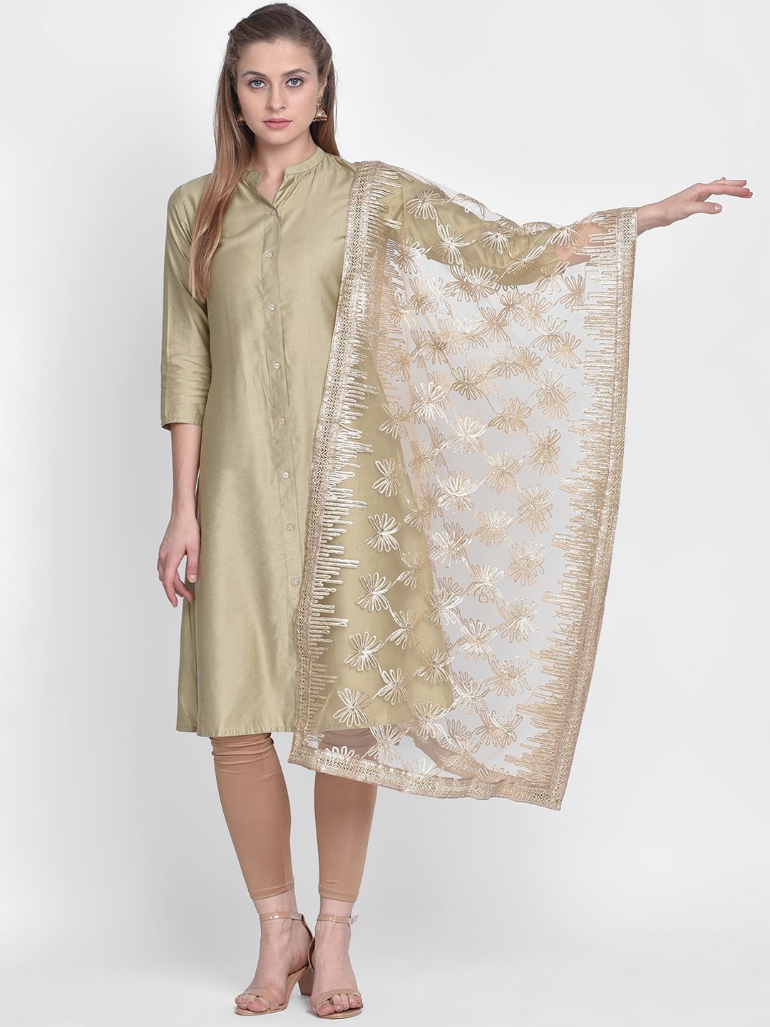 Dupatta Bazaar Gold-Coloured Embroidered Net Dupatta Price in India