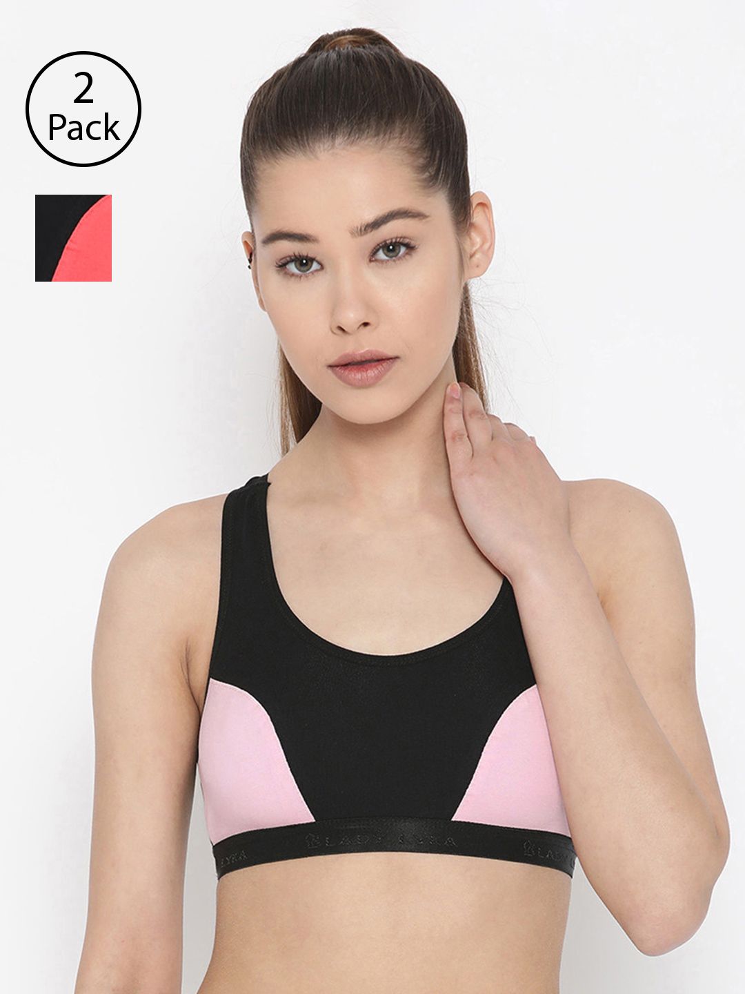 Lady Lyka Pack of 2 Colourblocked Non-Wired Non Padded Sports Bras ROSES-PLM-PNK Price in India