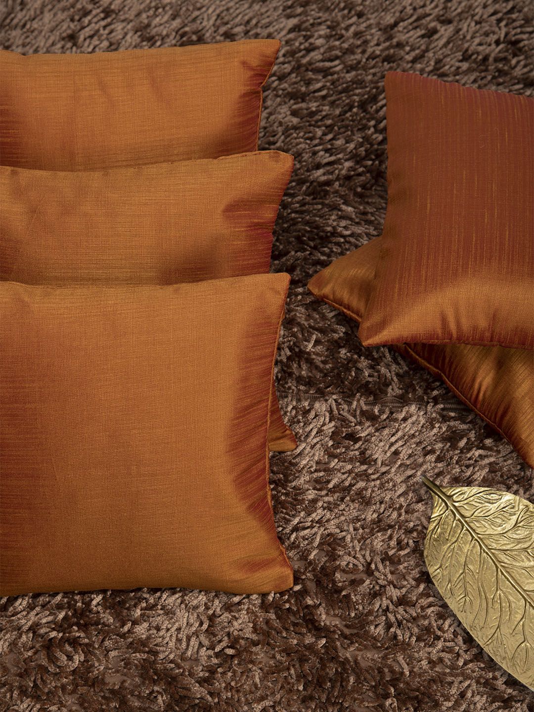 HOUZZCODE Rust Orange Set of 5 Self Design Square Cushion Covers Price in India